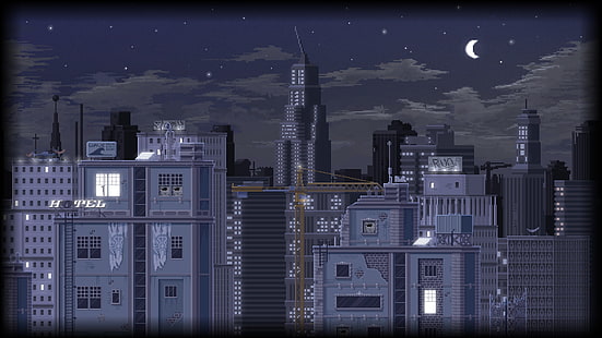 пиксели, пиксель арт, неровной, городской пейзаж, здание, небоскреб, звездная ночь, луна, облака, краны (машина), HD обои HD wallpaper