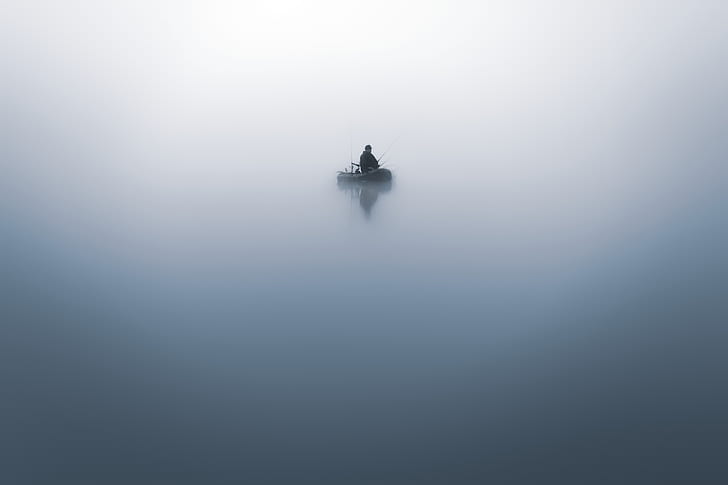 fog, boat, fisherman, HD wallpaper
