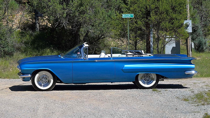 1960, blue, cars, chevrolet, classic, convertible, impala, HD wallpaper
