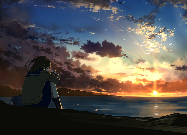 animowana dziewczyna, płacz, samotny, zachód słońca, chmury, mundurek szkolny, Anime, Tapety HD