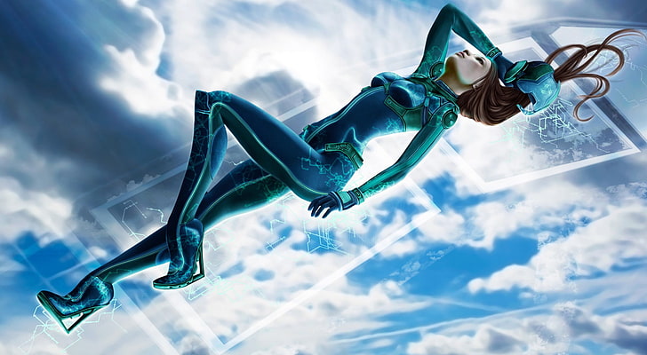Frau mit grünem und blauem Anzug 3D Charakter, futuristisch, Cyberpunk, HD-Hintergrundbild