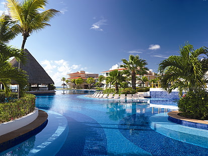 Kankun, най-добрите хотели за 2017 г., курорт, най-добрите плажове за 2017 г., палми, туризъм, басейн, ваканция, Moon Palace, пътуване, Мексико, HD тапет HD wallpaper
