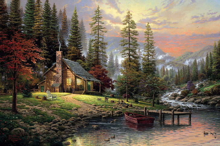 house near body of water artwork, forest, dogs, fog, house, river, stones, boat, figure, picture, ate, protein, art, chair, drawings, pictures, wooden, barrel, painting, the bridge, mountain, area, Thomas Kinkade, hemp, homak, A Peaceful Retreat, quiet, HD wallpaper