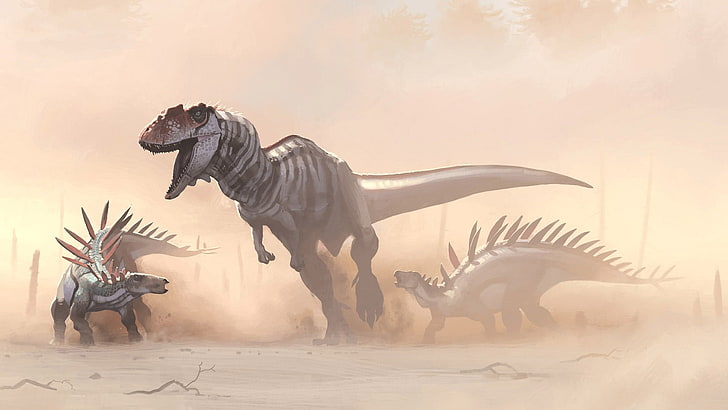 tre grå dinosaurier illustrationer, Simon Stålenhag, dinosaurier, HD tapet