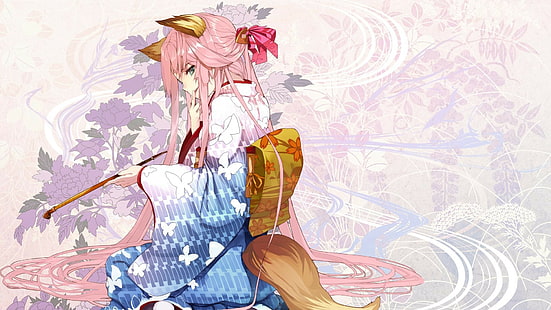 кимоно, аниме момичета, животински уши, розова коса, японски дрехи, оригинални герои, аниме, кицунемими, юката, HD тапет HD wallpaper