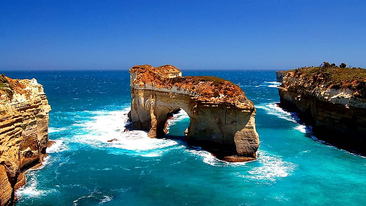 sea, rocks, cliff, bay, water, rock, nature, HD wallpaper