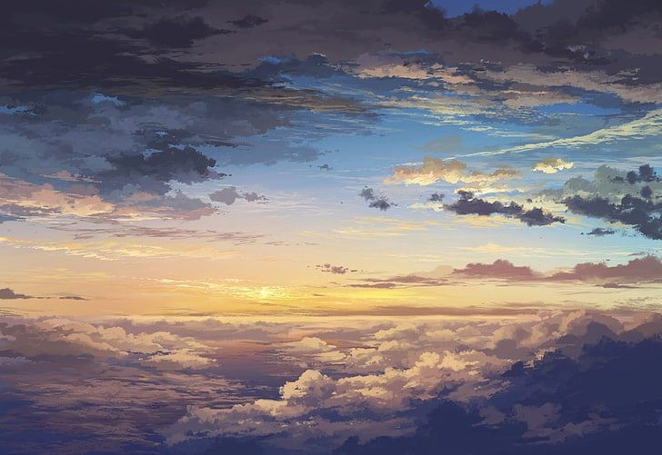 céu azul nublado, 5 centímetros por segundo, nuvens, céu, anime, HD papel de parede