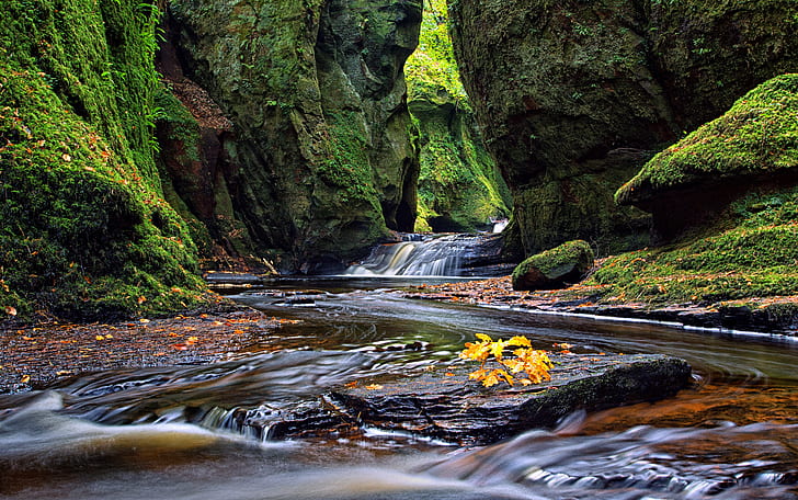 timelapse photography of waterfalls surrounded with rock mountains, First, Fall, timelapse photography, waterfalls, rock, mountains, Scotland, Gorge, Devil's Pulpit, Autumn leaves, nature, waterfall, stream, river, forest, rock - Object, water, outdoors, landscape, scenics, mountain, HD wallpaper