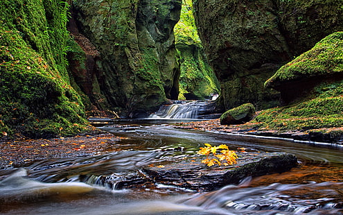 timelapse photography of waterfalls surrounded with rock mountains, First, Fall, timelapse photography, waterfalls, rock, mountains, Scotland, Gorge, Devil's Pulpit, Autumn leaves, nature, waterfall, stream, river, forest, rock - Object, water, outdoors, landscape, scenics, mountain, HD wallpaper HD wallpaper