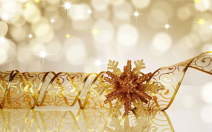 Christmas, New Year, ribbon, decorations, sparkles, bokeh, reflection, HD wallpaper