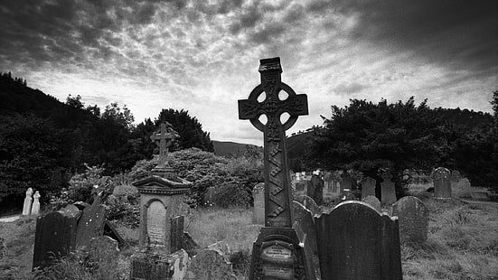 graveyards, monochrome, cross, tombstones, HD wallpaper HD wallpaper