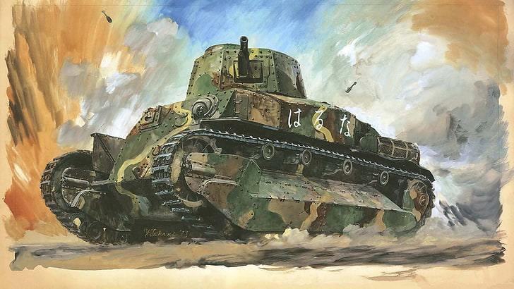 green and brown camouflage military tank painting, figure, art, tank, Japanese, average, pencils, WW2., strokes, Type 89, Yi-Go, 1930. g, HD wallpaper