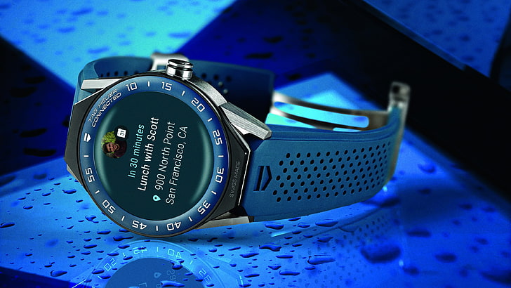 silver round watch colored on blue textiles, TAG Heuer Connected Modular 45, MWC 2017, best smartwatch, HD Wallpaper