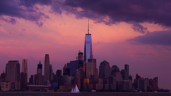 purple sky, buildings, new york, architecture, usa, united states, sunset, HD wallpaper