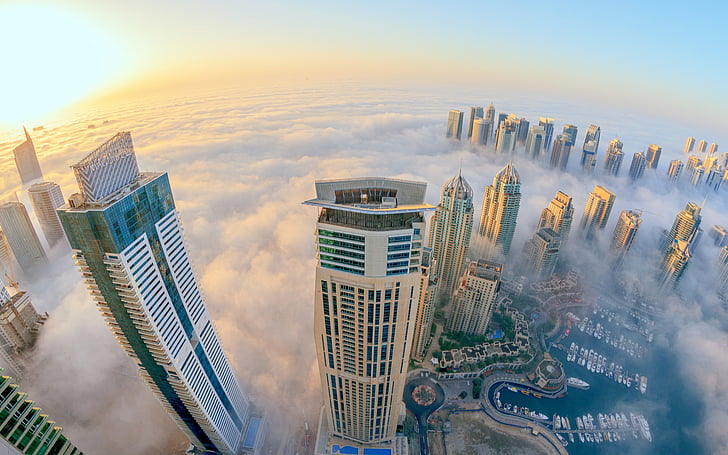 buildings, clouds, dubai, fisheye, fog, mist, skyscrapers, sunlight, HD wallpaper