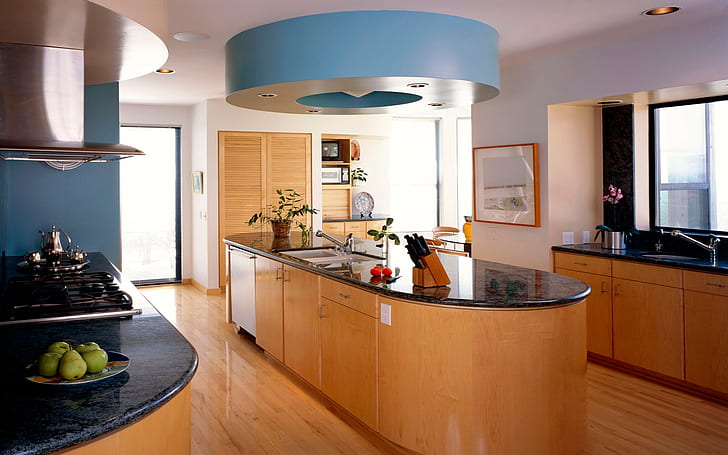 Modernes Küchen-Design, brauner hölzerner schwarzer Granitspitzenküchenschreibtisch, Küche, Design, Möbel, Wohndesign, Klempnerarbeit, HD-Hintergrundbild