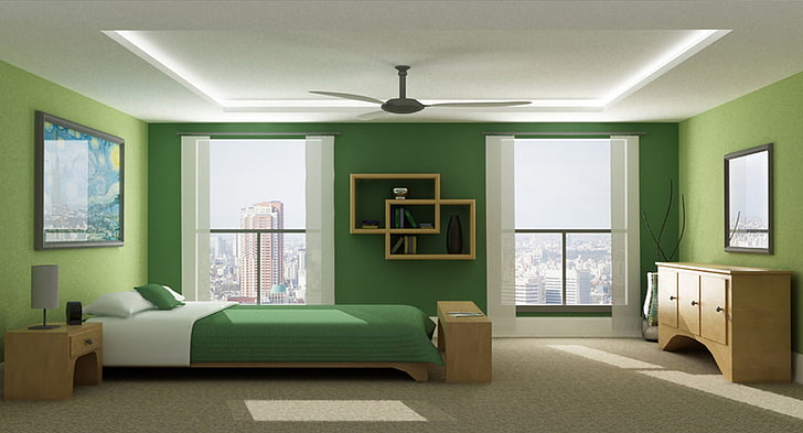 giroletto in legno marrone e trapunta verde, design, stile, camera, interni, camera da letto, Sfondo HD