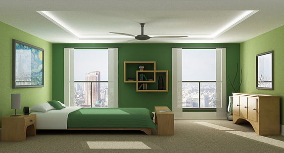 茶色の木製ベッドフレームと緑の掛け布団、デザイン、スタイル、部屋、インテリア、寝室、 HDデスクトップの壁紙 HD wallpaper