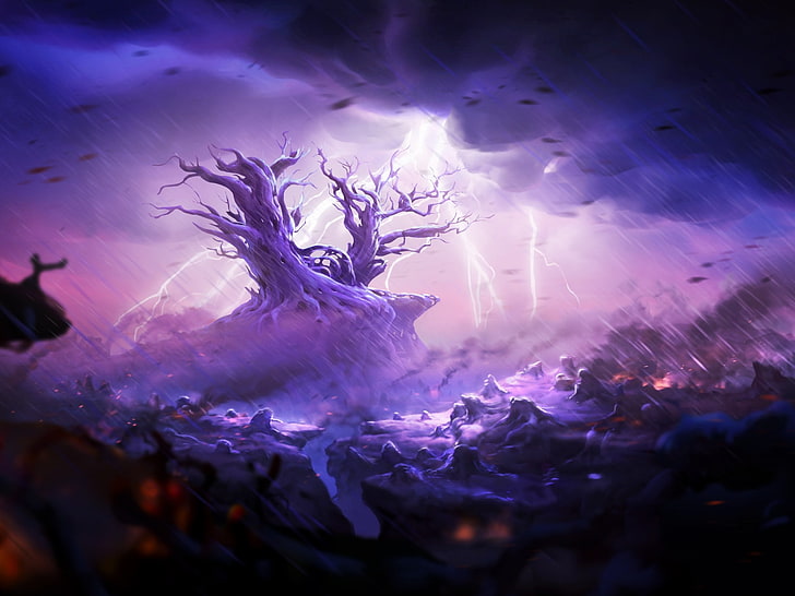 Ori and the will of the wisps, cloud, luminos, game, storm, tree, fantasy, pink, blue, HD wallpaper