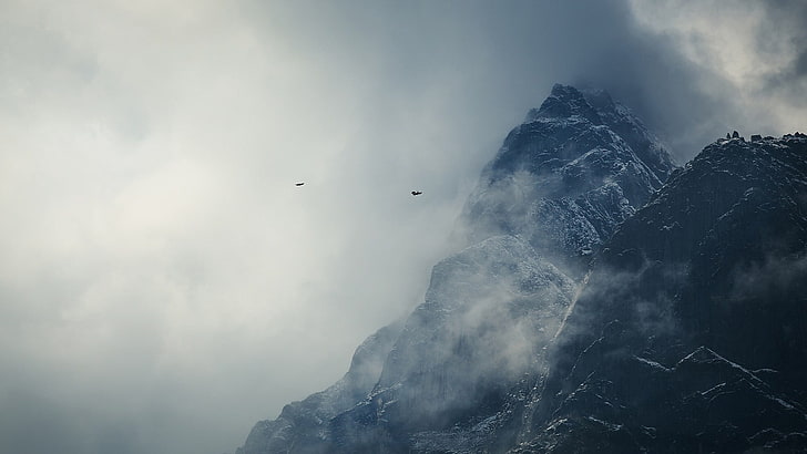 雪に覆われた山、霧、山、自然、 HDデスクトップの壁紙