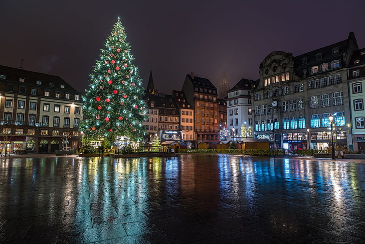 winter, night, holiday, France, tree, home, area, New year, decoration, garland, Strasbourg, HD wallpaper