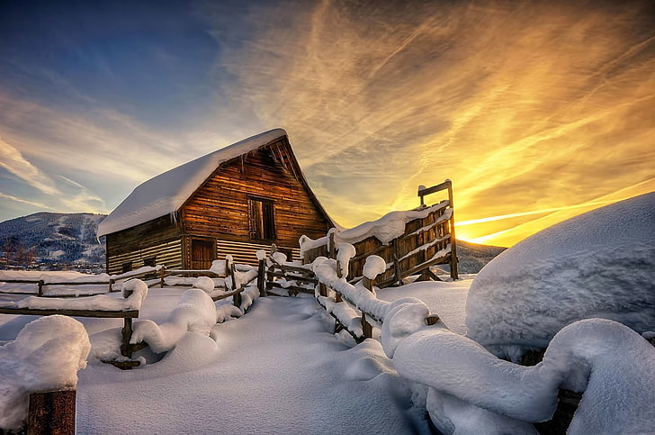 brown shack, house, snow, HD wallpaper