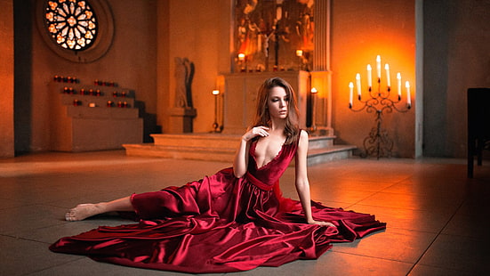 czerwona damska długa sukienka z głębokim dekoltem w szpic, dekolt, czerwona sukienka, sesja zdjęciowa, Kseniya Kokoreva, Tapety HD HD wallpaper
