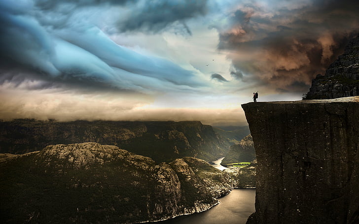 cliff, clouds, kamp, landscape, man, mountains, norway, photo, preikestolen, river, robin, rock, sky, HD wallpaper