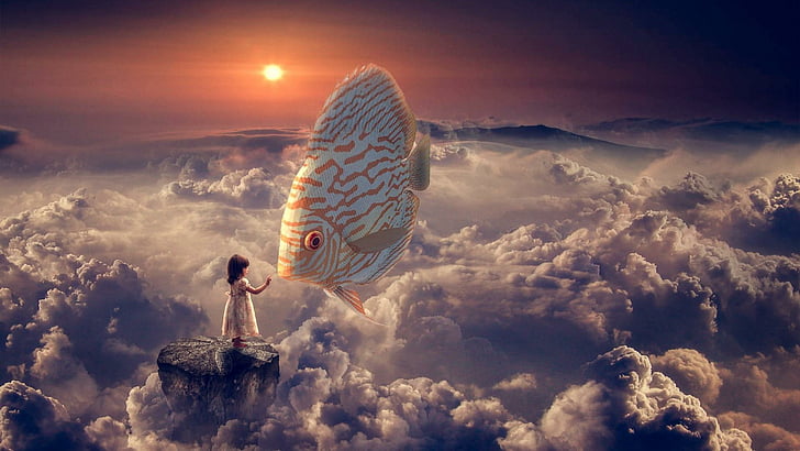 fantasia, menina, peixe, nuvens, céu, sol, HD papel de parede