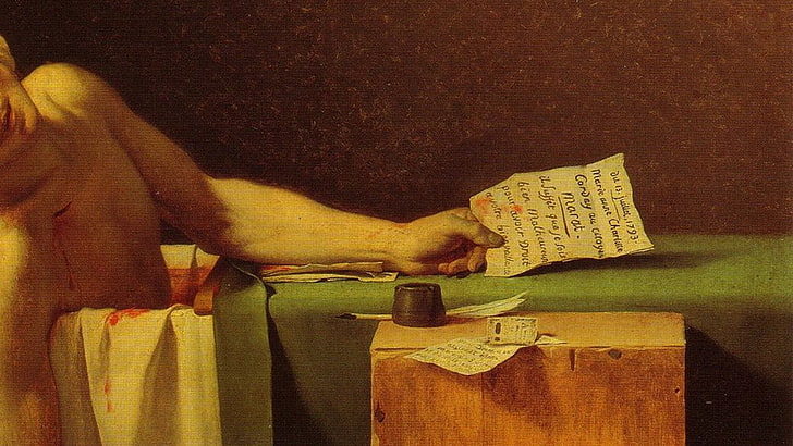 braunes und schwarzes Jagdgewehr, Musik, Albumcover, La Mort de Marat, Französische Revolution, Jacques Louis David, Gemälde, Gemälde (Detail), HD-Hintergrundbild