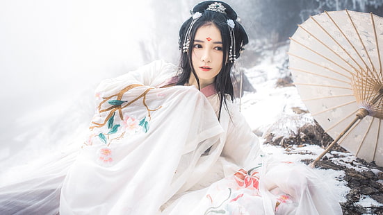 Asiático, tocado, vestido chino, vestido blanco, hanfu, cabello negro, Fondo de pantalla HD HD wallpaper