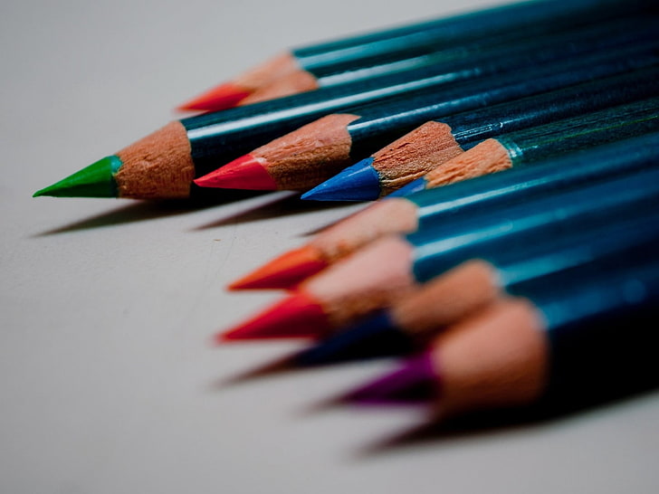 aneka warna pena warna, makro, pensil, bar, biru, warna-warni, Wallpaper HD