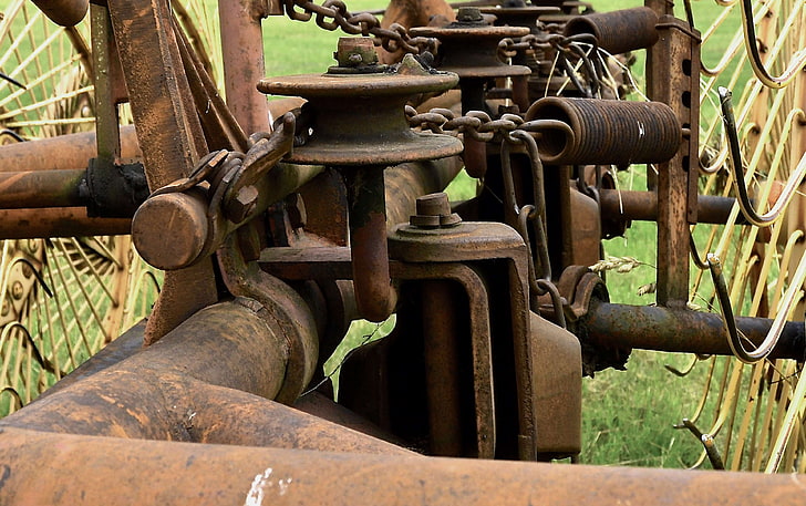 agricultural machine, agriculture, ailing, close, design, detail, drive, fixing, gear, graphic, hay tedders, obsolete, rusty, screw, stock, technology, HD wallpaper