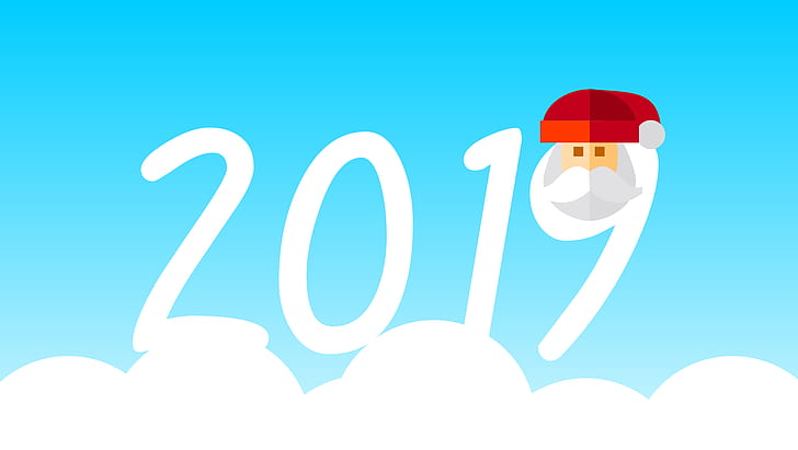 Tahun Baru, 2019 (Tahun), topi Santa, latar belakang biru, angka, Wallpaper HD