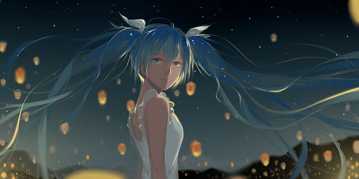 Hatsune Miku, światła, Vocaloid, latarnie nieba, niebieskie włosy, twintails, anime dziewczyny, anime, Tapety HD