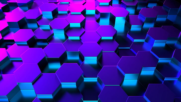 blue, purple, violet, pattern, symmetry, hexagon, honeycomb, design, 3d, digital art, light, HD wallpaper