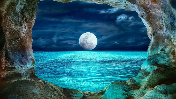 Terra, Lua, Caverna, Lua Cheia, Noite, Oceano, HD papel de parede