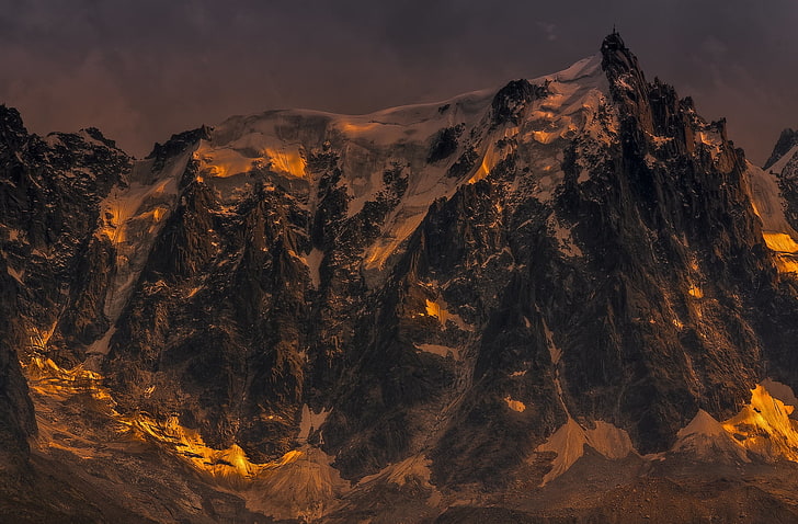 brown mountain wallpaper, mountains, gloomy, gleams, yellow, snow, HD wallpaper