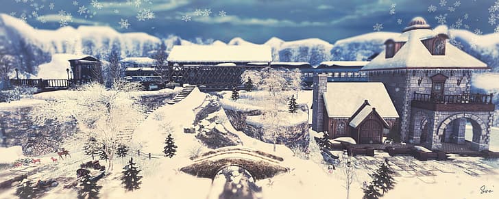 зима, сняг, замък, студ, село, влак, фентъзи изкуство, HD тапет