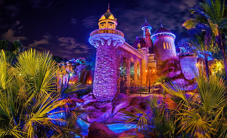 Castelo do Príncipe Erics, ilustração do castelo rosa, Arquitetura, Noite, Terra da fantasia, Disney World, Walt Disney World, HD papel de parede