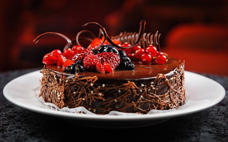 chocolate cake with cherries, chocolate, cake, dessert, fruit, HD wallpaper
