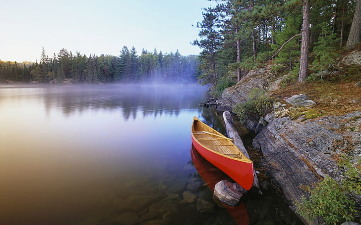 زورق على بحيرة Pinetree ، قارب ، بحيرة ، كندا، خلفية HD
