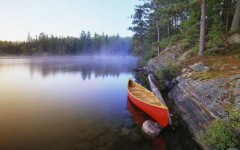 Canoe on Pinetree Lake, Canoe, Lake, Canada, HD wallpaper HD wallpaper