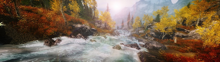 river painting, The Elder Scrolls V: Skyrim, nature, landscape, multiple display, HD wallpaper