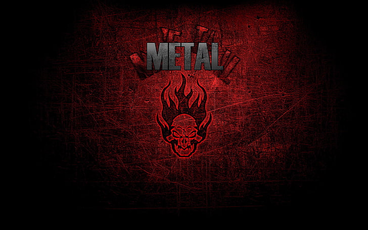 серый и красный металлический логотип, музыка, череп, стиль, металл, HD обои
