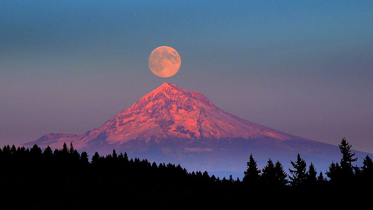 заснеженная гора, природа, луна, вершина горы, HD обои