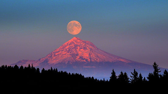 заснеженная гора, природа, луна, вершина горы, HD обои HD wallpaper