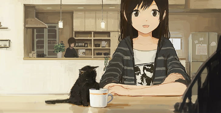 anime, anime girls, cat, HD wallpaper