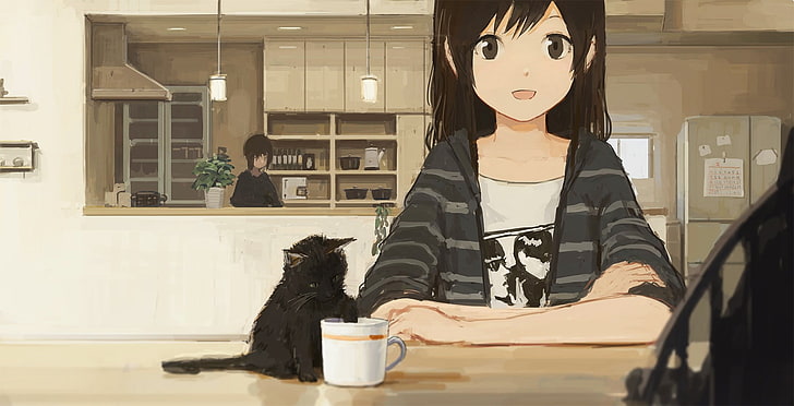 anime, kot, anime dziewczyny, Tapety HD