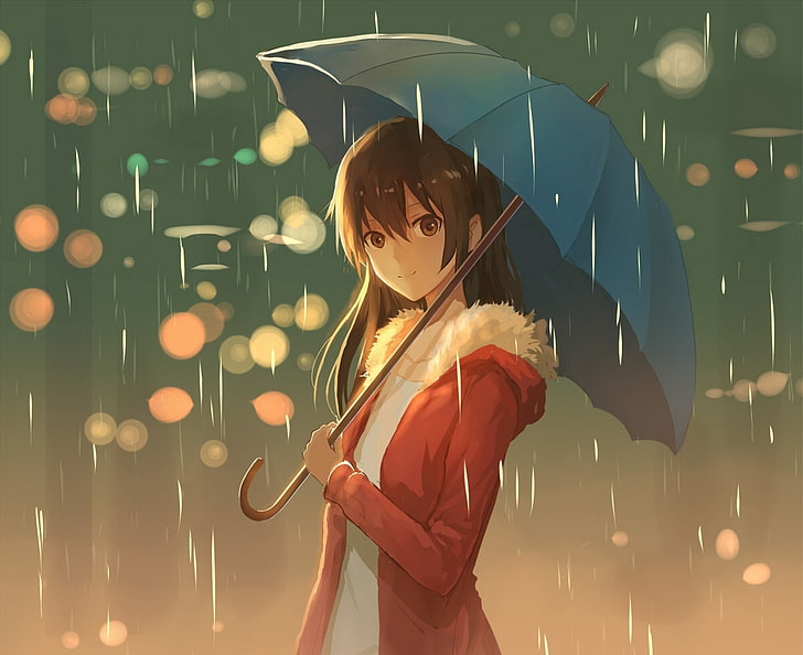 аниме, аниме девушки, зонт, дождь, длинные волосы, HD обои
